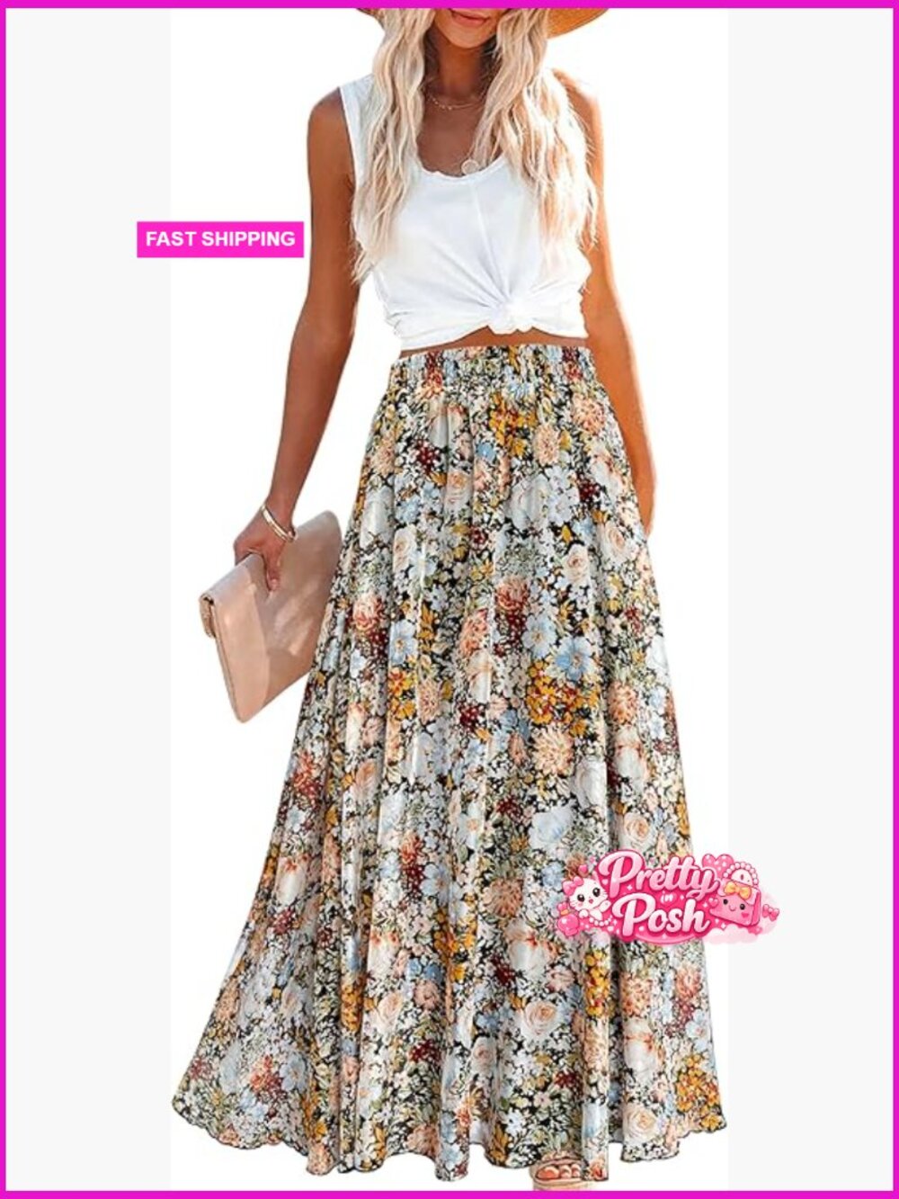 Chiffon Floral Maxi Skirt Elastic High Waist Floor Length Long Skirt